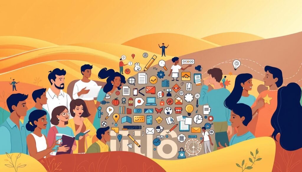 A vibrant and dynamic illustration of habilidades, or essential skills and competencies. In the foreground, a diverse group of people engaged in various activities - problem-solving, collaborating, presenting, and more. Their expressions convey a sense of focus, determination, and pride. The middle ground features a mosaic of icons and symbols representing a wide range of skills, from technical proficiencies to interpersonal abilities. In the background, a warm, golden-hued landscape with flowing lines and organic shapes, suggesting the growth, flexibility, and adaptability inherent in skill development. Soft, directional lighting casts a gentle glow, creating a sense of harmony and balance. The overall composition conveys the notion of empowerment, growth, and the transformative power of skill-building programs.