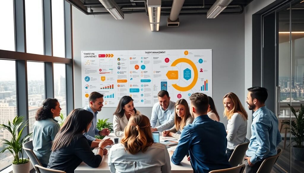 A vibrant and dynamic office scene, with a team of professionals engaged in the process of talent management. In the foreground, a group of diverse employees are gathered around a table, collaborating on ideas and strategies. The middle ground showcases a wall adorned with colorful infographics and visualizations, representing the various stages of the talent management cycle. In the background, a panoramic view of the city skyline is visible through large windows, conveying a sense of progress and opportunity. The lighting is warm and inviting, creating a positive and energetic atmosphere that reflects the importance of attracting, selecting, and retaining top talent within the organization.