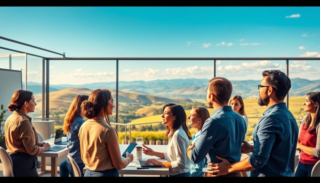 A vibrant and dynamic scene depicting the concept of "continuous training: courses and diplomas in talent management". In the foreground, a diverse group of professionals engaged in collaborative learning, sharing ideas and experiences. The middle ground showcases a modern, well-equipped training facility with state-of-the-art technology and resources. In the background, a serene landscape of rolling hills and a clear blue sky, conveying a sense of calm, growth, and a commitment to continuous improvement. The lighting is warm and inviting, creating a welcoming atmosphere. The overall composition and attention to detail capture the essence of the subject matter, inspiring and empowering the viewer.