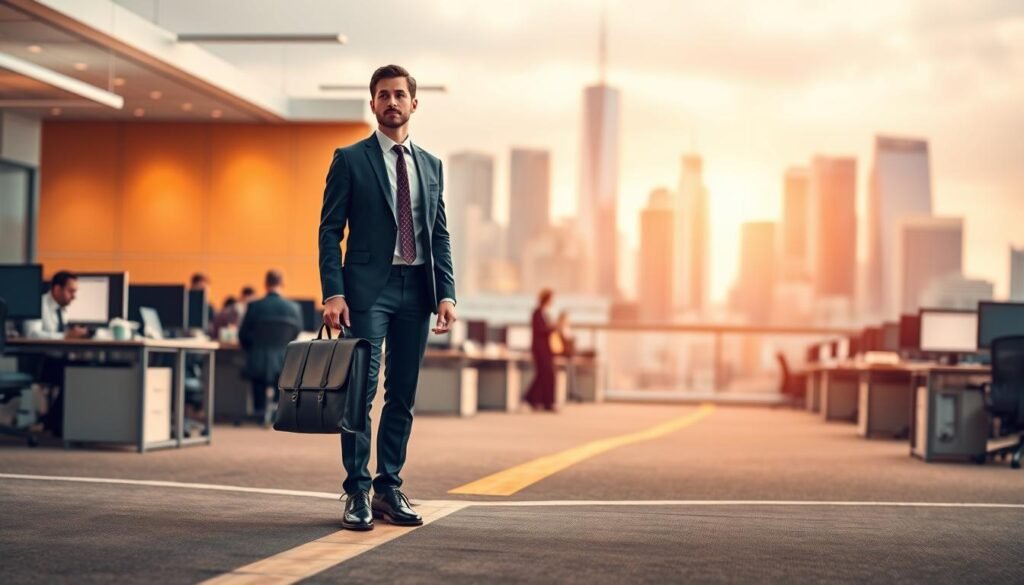 A vibrant and dynamic scene depicting the transition from one career path to another. In the foreground, a confident professional stands at a crossroads, briefcase in hand, contemplating their next move. The middle ground features a bustling office environment, with cubicles, computer screens, and colleagues engaged in lively discussions. In the background, a skyline of towering skyscrapers symbolizes the expansive possibilities and opportunities that lie ahead. Warm, diffused lighting casts a sense of hope and optimism, while a slightly blurred, shallow depth of field emphasizes the focal point of the individual's decision-making process. The overall atmosphere conveys a sense of change, growth, and the exciting prospect of a new professional chapter. A vibrant and dynamic scene depicting the transition from one career path to another. In the foreground, a confident professional stands at a crossroads, briefcase in hand, contemplating their next move. The middle ground features a bustling office environment, with cubicles, computer screens, and colleagues engaged in lively discussions. In the background, a skyline of towering skyscrapers symbolizes the expansive possibilities and opportunities that lie ahead. Warm, diffused lighting casts a sense of hope and optimism, while a slightly blurred, shallow depth of field emphasizes the focal point of the individual's decision-making process. The overall atmosphere conveys a sense of change, growth, and the exciting prospect of a new professional chapter.