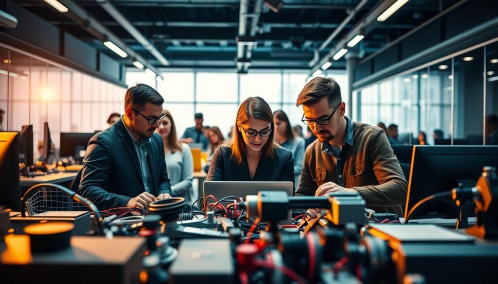 A vibrant and dynamic scene showcasing the core business processes of a thriving enterprise. In the foreground, a seamless flow of interconnected tasks and activities, captured with a crisp, cinematic lens. The middle ground features teams collaborating efficiently, their faces alight with purpose. In the background, a sleek, modernist office environment, bathed in warm, directional lighting that accentuates the rhythmic, industrious nature of the operations. The overall mood is one of productive synergy, where every cog in the machine works in harmony to optimize human resource utilization and drive organizational success.