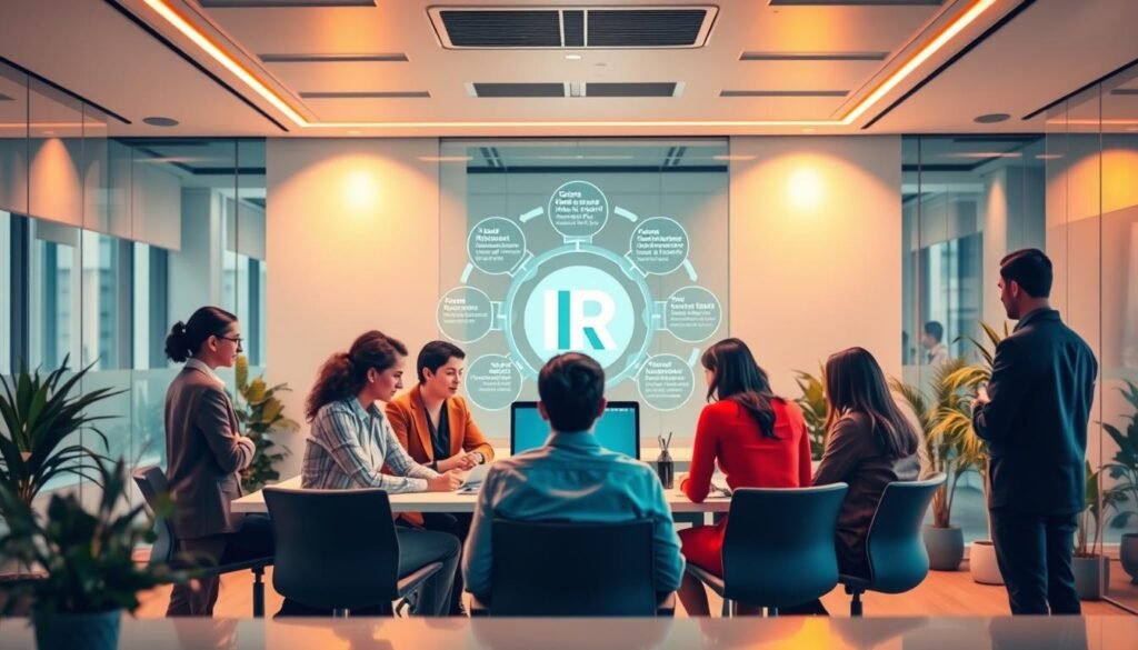 A vibrant and harmonious scene depicting the essential functions of human resources in the workplace. In the foreground, a diverse team of professionals collaborating, each contributing their unique skills and expertise. In the middle ground, a sleek and modern office environment, with clean lines and warm lighting casting a welcoming glow. In the background, a stylized representation of the company's core values and objectives, serving as a guiding framework for the HR team's daily tasks. The overall atmosphere conveys a sense of efficiency, camaraderie, and a shared commitment to employee well-being and organizational success.