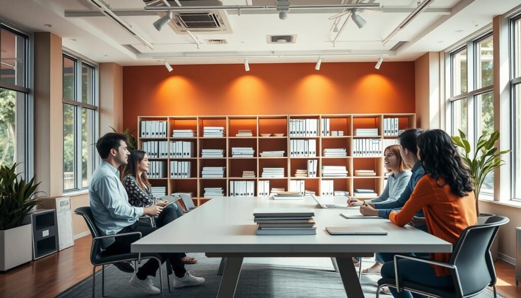A vibrant and well-organized office environment, with an abundance of natural light filtering through large windows. In the foreground, a team of professionals collaborating around a modern, minimalist conference table, their faces alight with engaged discussion. In the middle ground, a sleek, modular shelving system holds an array of neatly organized documents and files, symbolizing the efficient flow of information. The background features a warm, earthy color palette, with muted accent walls and strategic lighting that creates a sense of focus and productivity. The overall atmosphere conveys a harmonious balance between structure, flexibility, and a culture of adaptability. A vibrant and well-organized office environment, with an abundance of natural light filtering through large windows. In the foreground, a team of professionals collaborating around a modern, minimalist conference table, their faces alight with engaged discussion. In the middle ground, a sleek, modular shelving system holds an array of neatly organized documents and files, symbolizing the efficient flow of information. The background features a warm, earthy color palette, with muted accent walls and strategic lighting that creates a sense of focus and productivity. The overall atmosphere conveys a harmonious balance between structure, flexibility, and a culture of adaptability.
