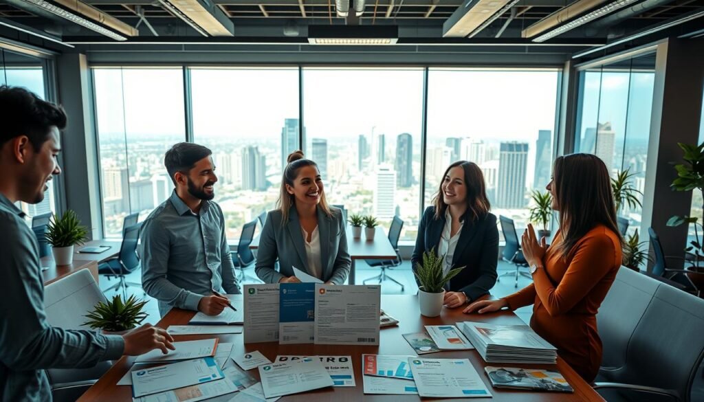 A vibrant corporate office setting with a modern, sleek aesthetic. In the foreground, a group of employees gathered around a table, engaged in a discussion, their faces animated with enthusiasm. On the table, an array of diverse benefits and perks - health insurance documents, gym membership cards, vouchers for wellness workshops, and more. The middle ground features a well-designed, open-concept workspace with ergonomic desks, ample natural light, and strategically placed potted plants. In the background, a large window offers a panoramic view of a bustling city skyline, symbolizing the opportunities and growth potential available to the company's workforce. The lighting is warm and inviting, creating an atmosphere of productivity, collaboration, and a sense of investment in the employees' well-being.