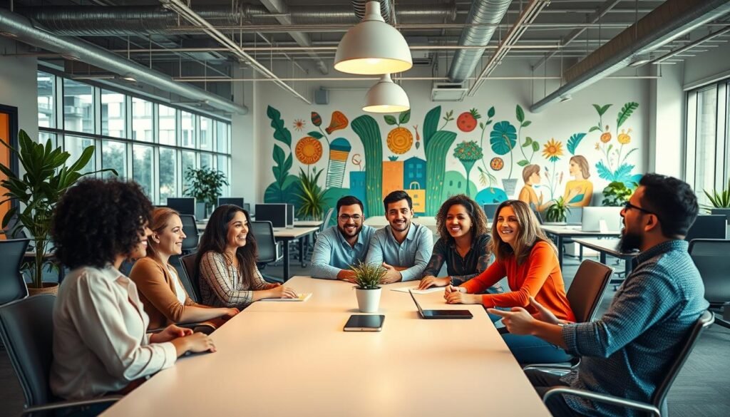 A vibrant, dynamic office setting with a warm, collaborative atmosphere. In the foreground, a group of diverse colleagues engaged in lively discussion around a sleek, modern conference table, their expressions animated and engaged. The middle ground features an open floor plan with ergonomic workstations, plants, and natural lighting filtering through large windows. In the background, a vibrant mural adorns the wall, depicting a harmonious blend of professional and personal elements, symbolizing a healthy work-life balance. The overall mood is one of productivity, creativity, and camaraderie, captured through a wide-angle lens with soft, diffused lighting.