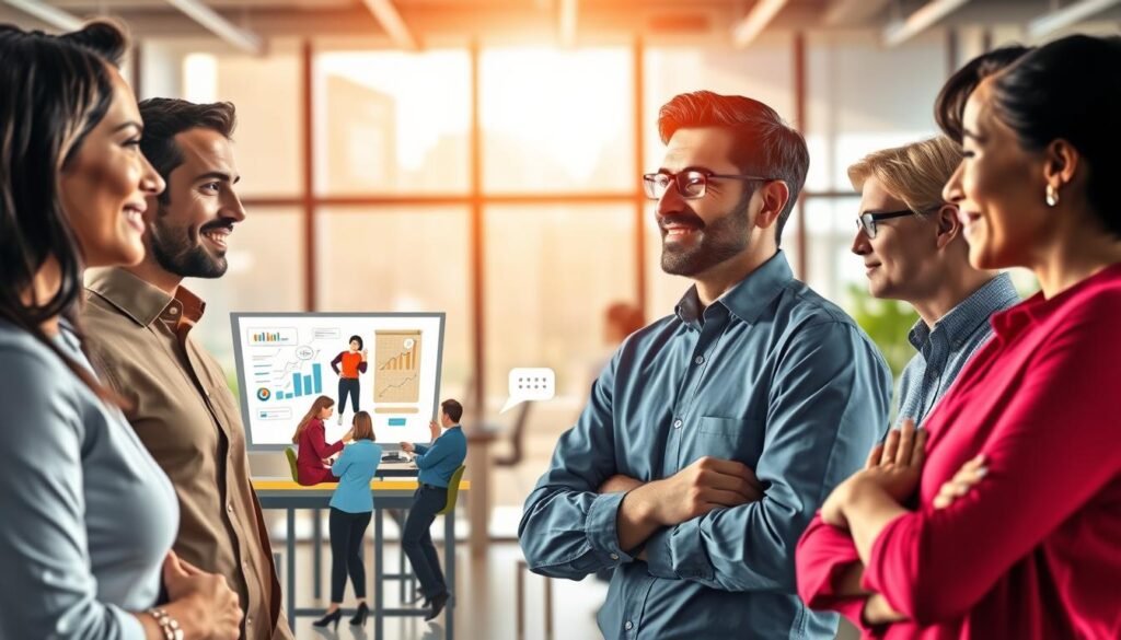 A vibrant, dynamic scene showcasing the core skills for professional communication and interpersonal leadership. In the foreground, confident figures engage in animated dialogue, their body language and facial expressions conveying charisma, empathy, and active listening. The middle ground features visual metaphors for key skills - a team collaborating around a digital whiteboard, a presentation with infographics, and a negotiation unfolding. In the background, a modern office environment with large windows casts a warm, natural light, creating an atmosphere of productivity and growth. The overall composition highlights the synergy between verbal, nonverbal, and collaborative abilities that empower effective professional communication and interpersonal leadership.