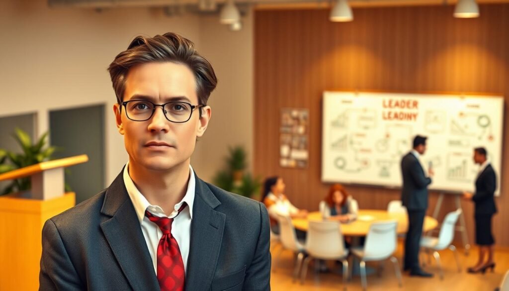 A vibrant, hyper-realistic image depicting the roles of leadership. In the foreground, a confident executive stands tall, their gaze commanding attention. Surrounding them, a diverse team of professionals collaborates, their body language and expressions conveying a sense of purpose and unity. The middle ground showcases various leadership symbols, such as a podium, a conference table, and a whiteboard filled with strategic plans. The background is softly blurred, allowing the focus to remain on the leaders and their team. Warm lighting casts a professional yet approachable atmosphere, accentuating the leadership roles and responsibilities. The overall scene captures the essence of effective leadership, highlighting the collaborative nature of guiding a team towards success. A vibrant, hyper-realistic image depicting the roles of leadership. In the foreground, a confident executive stands tall, their gaze commanding attention. Surrounding them, a diverse team of professionals collaborates, their body language and expressions conveying a sense of purpose and unity. The middle ground showcases various leadership symbols, such as a podium, a conference table, and a whiteboard filled with strategic plans. The background is softly blurred, allowing the focus to remain on the leaders and their team. Warm lighting casts a professional yet approachable atmosphere, accentuating the leadership roles and responsibilities. The overall scene captures the essence of effective leadership, highlighting the collaborative nature of guiding a team towards success.