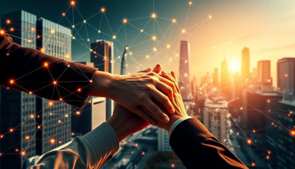 A vibrant, interconnected network of talented individuals, a "red de talento" shines with the collective brilliance of diverse professionals. In the foreground, hands clasped in collaboration, symbolizing the synergy of this global talent pool. Intricate, web-like connections radiate outward, linking individuals across borders and disciplines, creating a kaleidoscope of expertise. The background is a sleek, modern cityscape, its towering skyscrapers and bustling streets a testament to the international reach and influence of this talent network. Warm, diffused lighting casts a glow of opportunity and potential, while a sense of dynamism and forward momentum permeates the scene. Hyper-realistic in its attention to detail, this image captures the essence of a thriving, interconnected "red de talento." A vibrant, interconnected network of talented individuals, a "red de talento" shines with the collective brilliance of diverse professionals. In the foreground, hands clasped in collaboration, symbolizing the synergy of this global talent pool. Intricate, web-like connections radiate outward, linking individuals across borders and disciplines, creating a kaleidoscope of expertise. The background is a sleek, modern cityscape, its towering skyscrapers and bustling streets a testament to the international reach and influence of this talent network. Warm, diffused lighting casts a glow of opportunity and potential, while a sense of dynamism and forward momentum permeates the scene. Hyper-realistic in its attention to detail, this image captures the essence of a thriving, interconnected "red de talento."