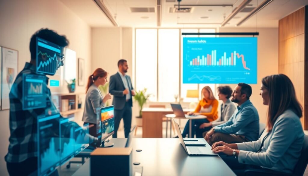 A vibrant, well-balanced composition depicting key human resources competencies. In the foreground, dynamic data visualizations, analytics tools, and digital interfaces convey the data-driven aspects of HR. The midground features empathetic leaders guiding and mentoring diverse teams, showcasing interpersonal skills. In the background, a warm, professional office setting with clean lines and minimalist decor establishes an atmosphere of productivity and innovation. Soft, directional lighting accentuates the subject matter, creating depth and emphasizing the synergy between analytical and people-centric HR competencies.