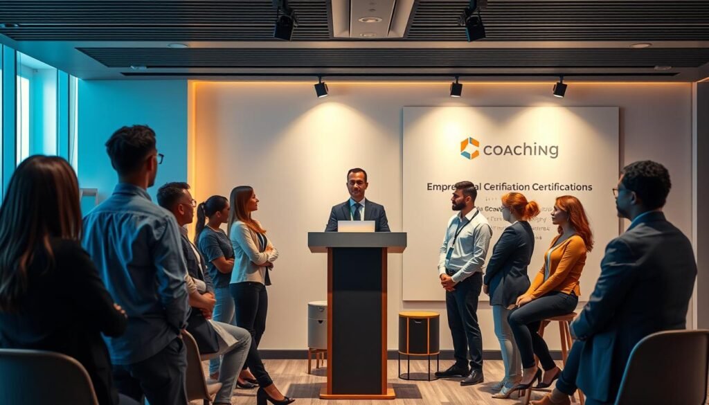 A well-lit and visually striking image of a professional coaching certification or training program. The foreground features a group of diverse individuals in formal attire, engaged in an interactive learning session. In the middle ground, a podium or lectern stands prominently, with teaching materials and visual aids displayed. The background showcases a modern, minimalist interior design with clean lines, warm lighting, and subtle branding or iconography related to coaching or professional development. The overall atmosphere conveys a sense of focus, collaboration, and the opportunity for personal and career growth. A well-lit and visually striking image of a professional coaching certification or training program. The foreground features a group of diverse individuals in formal attire, engaged in an interactive learning session. In the middle ground, a podium or lectern stands prominently, with teaching materials and visual aids displayed. The background showcases a modern, minimalist interior design with clean lines, warm lighting, and subtle branding or iconography related to coaching or professional development. The overall atmosphere conveys a sense of focus, collaboration, and the opportunity for personal and career growth.
