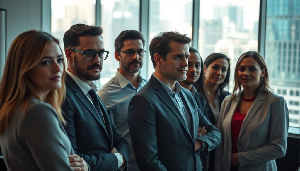 A well-lit, cinematic scene depicting a group of middle managers in a modern office setting. The foreground features a diverse team of professionals engaged in a collaborative discussion, their expressions serious yet thoughtful. The middle ground showcases a sleek, minimalist office space with clean lines, large windows, and muted tones. The background suggests a bustling urban environment, with skyscrapers and a hint of natural light filtering in. The lighting is soft and natural, creating a sense of focus and professionalism. The camera angle is slightly elevated, providing a sense of authority and leadership. The overall mood is one of strategic planning, problem-solving, and the critical role of middle managers in driving business success. A well-lit, cinematic scene depicting a group of middle managers in a modern office setting. The foreground features a diverse team of professionals engaged in a collaborative discussion, their expressions serious yet thoughtful. The middle ground showcases a sleek, minimalist office space with clean lines, large windows, and muted tones. The background suggests a bustling urban environment, with skyscrapers and a hint of natural light filtering in. The lighting is soft and natural, creating a sense of focus and professionalism. The camera angle is slightly elevated, providing a sense of authority and leadership. The overall mood is one of strategic planning, problem-solving, and the critical role of middle managers in driving business success.