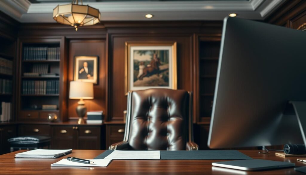 A well-lit, detailed interior scene showcasing a formal, professional setting. In the foreground, a desk with a computer, papers, and a pen stands prominently. The middle ground features a comfortable leather chair facing the desk, suggesting the presence of an employee. The background depicts high-end office decor, such as bookshelves, framed artwork, and subtle lighting fixtures, conveying a sense of a long-term, established workplace. The scene exudes an atmosphere of stability, reliability, and permanence, reflecting the concept of an "indefinite employment contract."