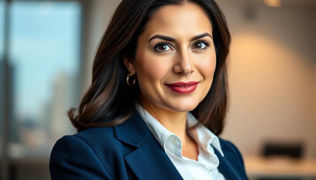 A well-lit, high-resolution corporate headshot of a professional woman in her mid-30s, dressed in a crisp white blouse and navy blue blazer. She has an confident, slightly tilted gaze directed at the camera, conveying a sense of authority and ambition. The background is softly blurred, with hints of a modern office setting or city skyline visible. Subtle dramatic lighting accentuates the subject's features, creating a sense of depth and drama. The overall tone is polished, aspirational, and signals the subject's personal brand and career success. A well-lit, high-resolution corporate headshot of a professional woman in her mid-30s, dressed in a crisp white blouse and navy blue blazer. She has an confident, slightly tilted gaze directed at the camera, conveying a sense of authority and ambition. The background is softly blurred, with hints of a modern office setting or city skyline visible. Subtle dramatic lighting accentuates the subject's features, creating a sense of depth and drama. The overall tone is polished, aspirational, and signals the subject's personal brand and career success.