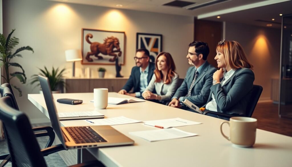 A well-lit modern office setting, with a desk prominently featured in the foreground. On the desk, a laptop, some papers, and a coffee mug. In the middle ground, a team of professionals engaged in a performance review discussion, their body language and facial expressions conveying a sense of constructive dialogue. The background features neutral-toned walls, tasteful artwork, and subtle lighting that creates a warm, professional atmosphere. The overall mood is one of thoughtful assessment, open communication, and a shared commitment to optimizing individual and team performance.