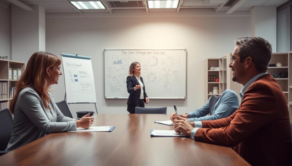A well-lit office setting, with a large conference table in the foreground where two professionals, a woman and a man, are engaged in a lively discussion, their expressions conveying a sense of collaboration and decision-making. In the middle ground, a whiteboard displays diagrams and notes, indicating an active recruitment and selection process. The background features neatly organized cubicles and shelves, suggesting an efficient and organized work environment. The overall mood is one of professionalism, productivity, and a focus on optimizing human resource management.