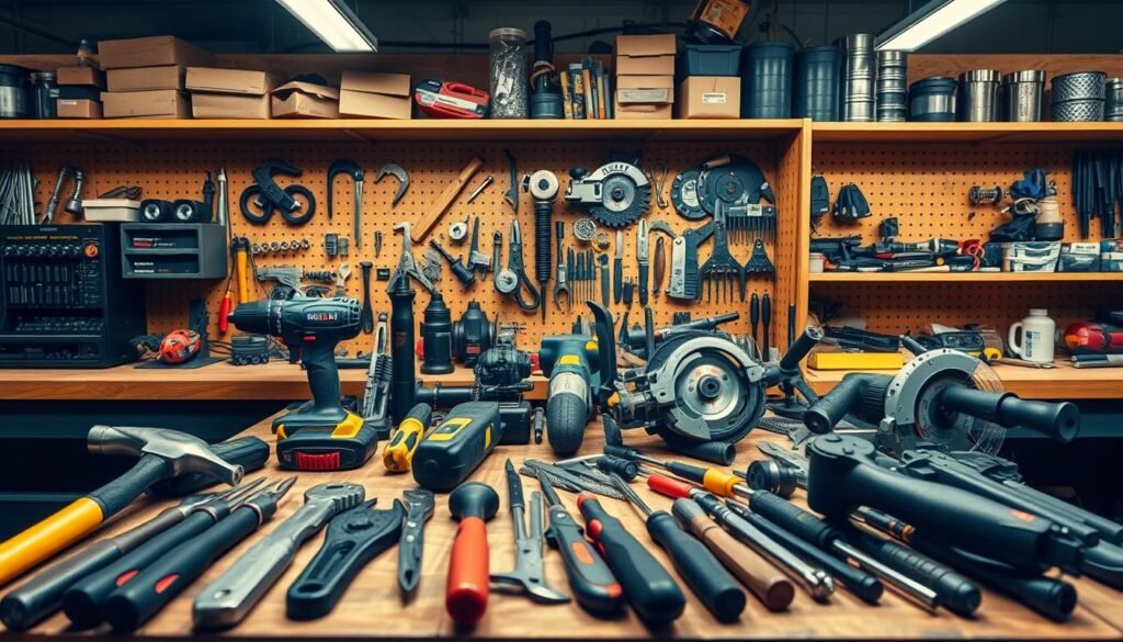 A well-organized industrial workbench in a warm-lit workshop, with an array of professional-grade tools and equipment meticulously arranged. In the foreground, a set of sturdy hammers, pliers, and screwdrivers sit within easy reach. The middle ground showcases a variety of power tools, including a cordless drill, an angle grinder, and a circular saw, all gleaming under the soft glow of overhead lighting. In the background, shelves stocked with neatly organized spare parts, fasteners, and other supplies create a sense of order and efficiency. The scene conveys a atmosphere of focused productivity, with attention to detail and a well-equipped workspace that would support the needs of skilled agricultural professionals. A well-organized industrial workbench in a warm-lit workshop, with an array of professional-grade tools and equipment meticulously arranged. In the foreground, a set of sturdy hammers, pliers, and screwdrivers sit within easy reach. The middle ground showcases a variety of power tools, including a cordless drill, an angle grinder, and a circular saw, all gleaming under the soft glow of overhead lighting. In the background, shelves stocked with neatly organized spare parts, fasteners, and other supplies create a sense of order and efficiency. The scene conveys a atmosphere of focused productivity, with attention to detail and a well-equipped workspace that would support the needs of skilled agricultural professionals.
