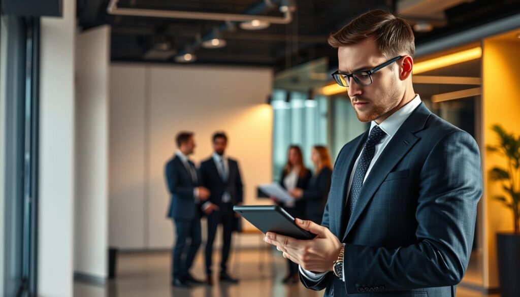 An executive recruitment agency situated in a sleek, modern office space. The foreground features a professional headhunter in a crisp suit, gazing intently at a tablet while surrounded by a minimalist, refined decor. The middle ground showcases a team of executives engaged in a meeting, their expressions conveying focus and determination. The background is bathed in warm, inviting lighting, creating a sense of productivity and success. The overall scene emanates an atmosphere of expertise, efficiency, and a tailored approach to talent acquisition, reflecting the specialized "executive search" service offered. Captured in a hyper-realistic photographic style, the image conveys the essence of the "executive search" experience.