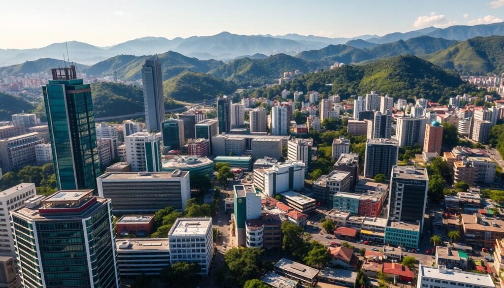 Detailed aerial view of a vibrant Colombian cityscape, showcasing the diverse business landscape. In the foreground, a bustling financial district with towering glass skyscrapers and modern office complexes. In the middle ground, bustling street markets and small businesses, capturing the local entrepreneurial spirit. The background features lush, rolling hills and mountains, providing a stunning natural backdrop to the urban environment. Lighting is crisp and clear, highlighting the harmony between the built and natural environments. The overall scene conveys a sense of dynamic economic activity, rooted in the knowledge and understanding of the local Colombian market. Detailed aerial view of a vibrant Colombian cityscape, showcasing the diverse business landscape. In the foreground, a bustling financial district with towering glass skyscrapers and modern office complexes. In the middle ground, bustling street markets and small businesses, capturing the local entrepreneurial spirit. The background features lush, rolling hills and mountains, providing a stunning natural backdrop to the urban environment. Lighting is crisp and clear, highlighting the harmony between the built and natural environments. The overall scene conveys a sense of dynamic economic activity, rooted in the knowledge and understanding of the local Colombian market.