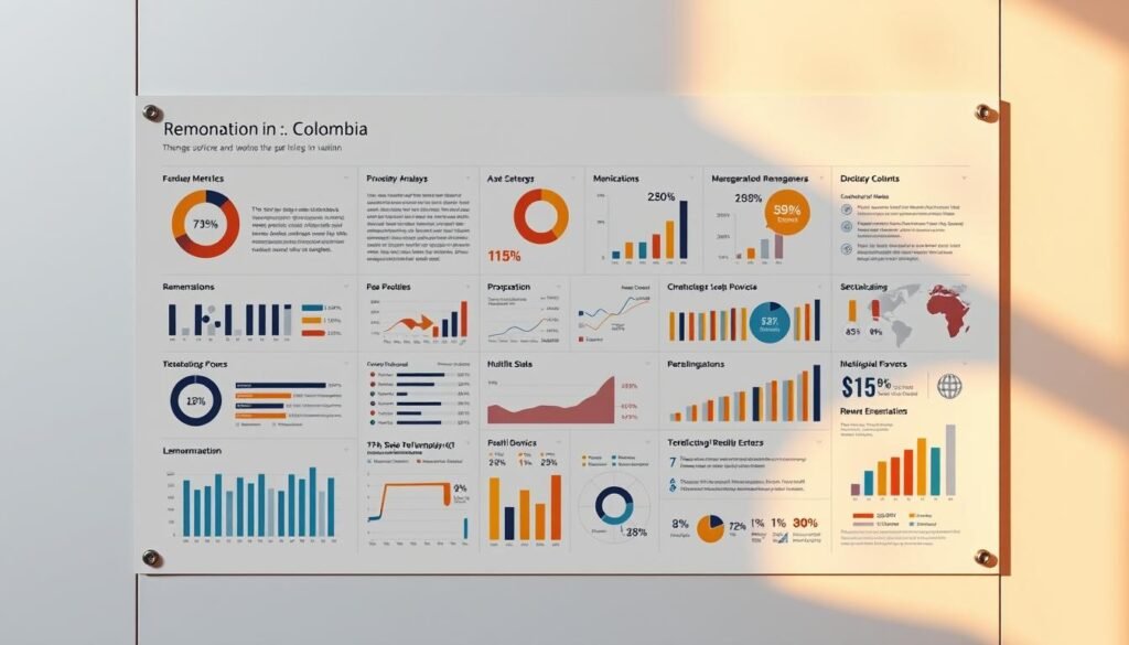 Hyper realistic photo of a detailed analysis of the remuneration trends in Colombia. A detailed infographic displays key metrics, statistics, and visualizations against a sleek, modern background. The infographic is presented in a clean, minimalist style with thoughtfully curated color palettes and typography. The composition features a balanced arrangement of data points, charts, and visual elements that effectively communicate the complexities of the remuneration landscape. Warm, directional lighting from the side casts subtle shadows, adding depth and dimensionality to the scene. The overall mood is professional, informative, and data-driven, reflecting the seriousness of the subject matter. Hyper realistic photo of a detailed analysis of the remuneration trends in Colombia. A detailed infographic displays key metrics, statistics, and visualizations against a sleek, modern background. The infographic is presented in a clean, minimalist style with thoughtfully curated color palettes and typography. The composition features a balanced arrangement of data points, charts, and visual elements that effectively communicate the complexities of the remuneration landscape. Warm, directional lighting from the side casts subtle shadows, adding depth and dimensionality to the scene. The overall mood is professional, informative, and data-driven, reflecting the seriousness of the subject matter.