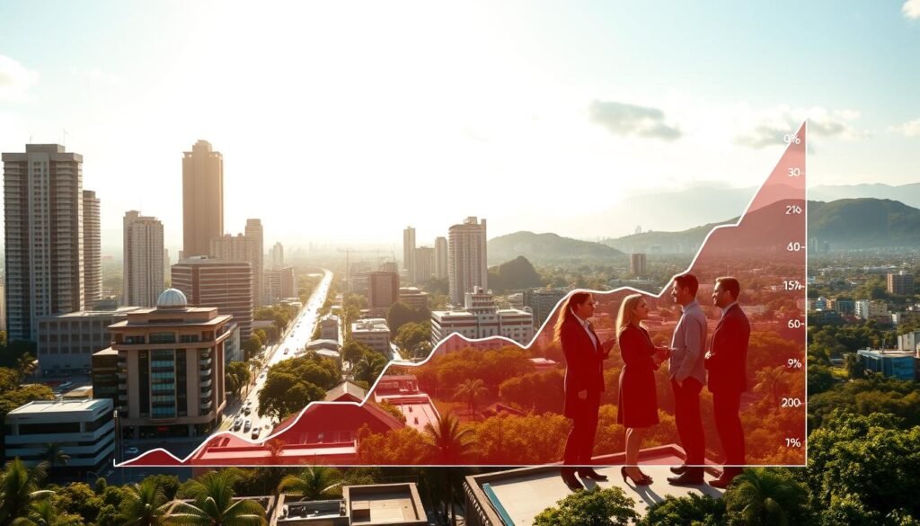 Hyper realistic photograph of a Colombian business landscape, showcasing key trends in employee compensation. Warm morning light illuminates a vibrant cityscape, with towering skyscrapers and bustling streets. In the foreground, a meticulously detailed graph displays fluctuating salary data, highlighting the dynamics of the local job market. The middle ground features professionals in smart attire, engaged in animated discussions, conveying the pulse of the Colombian corporate world. In the background, lush greenery and a distant mountain range create a sense of balance and tranquility, reflecting the broader economic and social context. The overall scene exudes a professional, data-driven atmosphere, inviting the viewer to explore the nuances of Colombian remuneration trends. Hyper realistic photograph of a Colombian business landscape, showcasing key trends in employee compensation. Warm morning light illuminates a vibrant cityscape, with towering skyscrapers and bustling streets. In the foreground, a meticulously detailed graph displays fluctuating salary data, highlighting the dynamics of the local job market. The middle ground features professionals in smart attire, engaged in animated discussions, conveying the pulse of the Colombian corporate world. In the background, lush greenery and a distant mountain range create a sense of balance and tranquility, reflecting the broader economic and social context. The overall scene exudes a professional, data-driven atmosphere, inviting the viewer to explore the nuances of Colombian remuneration trends.