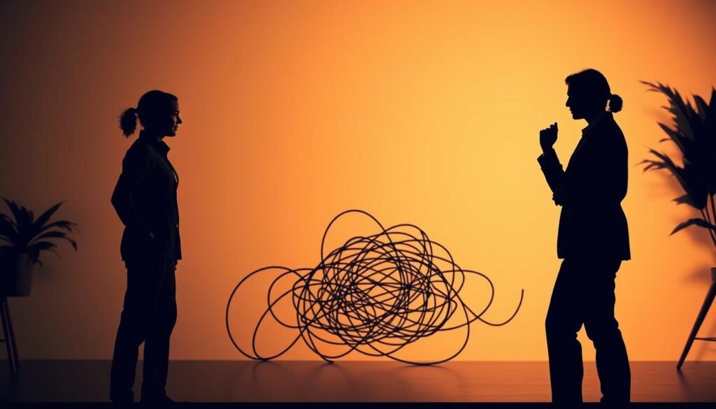 Obstáculos coaching emotional intelligence: A dynamic scene set in a professional coaching environment. In the foreground, two figures engaged in a meaningful dialogue, their body language and facial expressions conveying the emotional depth of their exchange. In the middle ground, abstract obstacles in the form of tangled lines and shapes, symbolizing the challenges of developing emotional intelligence. The background features a warm, muted color palette, creating a contemplative atmosphere conducive to self-awareness and growth. Soft, directional lighting illuminates the scene, casting subtle shadows and highlights to enhance the sense of depth and atmosphere. The composition is balanced, drawing the viewer's eye to the central interaction while acknowledging the underlying complexities of the coaching process. Obstáculos coaching emotional intelligence: A dynamic scene set in a professional coaching environment. In the foreground, two figures engaged in a meaningful dialogue, their body language and facial expressions conveying the emotional depth of their exchange. In the middle ground, abstract obstacles in the form of tangled lines and shapes, symbolizing the challenges of developing emotional intelligence. The background features a warm, muted color palette, creating a contemplative atmosphere conducive to self-awareness and growth. Soft, directional lighting illuminates the scene, casting subtle shadows and highlights to enhance the sense of depth and atmosphere. The composition is balanced, drawing the viewer's eye to the central interaction while acknowledging the underlying complexities of the coaching process.