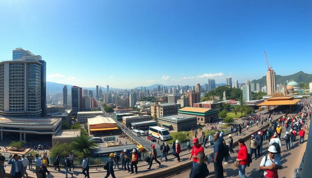 Panoramic vista of the vibrant Colombian labor market in 2025, captured with a wide-angle lens. Bustling urban landscape with towering skyscrapers, bustling transportation hubs, and diverse workforce engaging in a range of occupations. Bright, natural lighting illuminates the scene, casting warm shadows and highlights the dynamic energy of the thriving economy. The foreground showcases the evolving job market, with professionals in various attire and roles, representing the breadth of opportunities. The middle ground depicts the infrastructure supporting the labor force, such as modern office buildings, training facilities, and employment centers. The background unveils the picturesque Colombian cityscape, with lush greenery and iconic landmarks, symbolizing the nation's prosperous future. An overall sense of progress, opportunity, and optimism permeates the hyper-realistic, detailed scene. Panoramic vista of the vibrant Colombian labor market in 2025, captured with a wide-angle lens. Bustling urban landscape with towering skyscrapers, bustling transportation hubs, and diverse workforce engaging in a range of occupations. Bright, natural lighting illuminates the scene, casting warm shadows and highlights the dynamic energy of the thriving economy. The foreground showcases the evolving job market, with professionals in various attire and roles, representing the breadth of opportunities. The middle ground depicts the infrastructure supporting the labor force, such as modern office buildings, training facilities, and employment centers. The background unveils the picturesque Colombian cityscape, with lush greenery and iconic landmarks, symbolizing the nation's prosperous future. An overall sense of progress, opportunity, and optimism permeates the hyper-realistic, detailed scene.