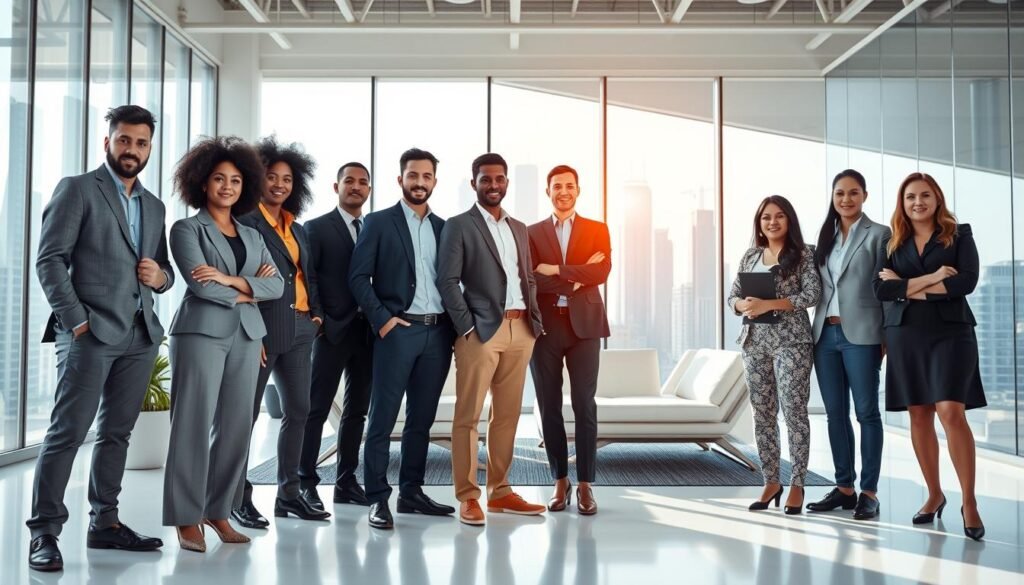 Prompt A group of diverse professionals, standing confidently in a bright, modern office setting. The team is intently focused, their expressions exuding a sense of purpose and collaboration. The foreground features the team members, their postures and body language conveying a strong, cohesive dynamic. The middle ground showcases the open-concept workspace, with minimalist furniture and large windows flooding the space with natural light. In the background, a sleek, geometric skyline sets the scene, hinting at the fast-paced, innovative industry they operate in. The overall atmosphere radiates a palpable energy of high-performance, strategic leadership. Prompt A group of diverse professionals, standing confidently in a bright, modern office setting. The team is intently focused, their expressions exuding a sense of purpose and collaboration. The foreground features the team members, their postures and body language conveying a strong, cohesive dynamic. The middle ground showcases the open-concept workspace, with minimalist furniture and large windows flooding the space with natural light. In the background, a sleek, geometric skyline sets the scene, hinting at the fast-paced, innovative industry they operate in. The overall atmosphere radiates a palpable energy of high-performance, strategic leadership.
