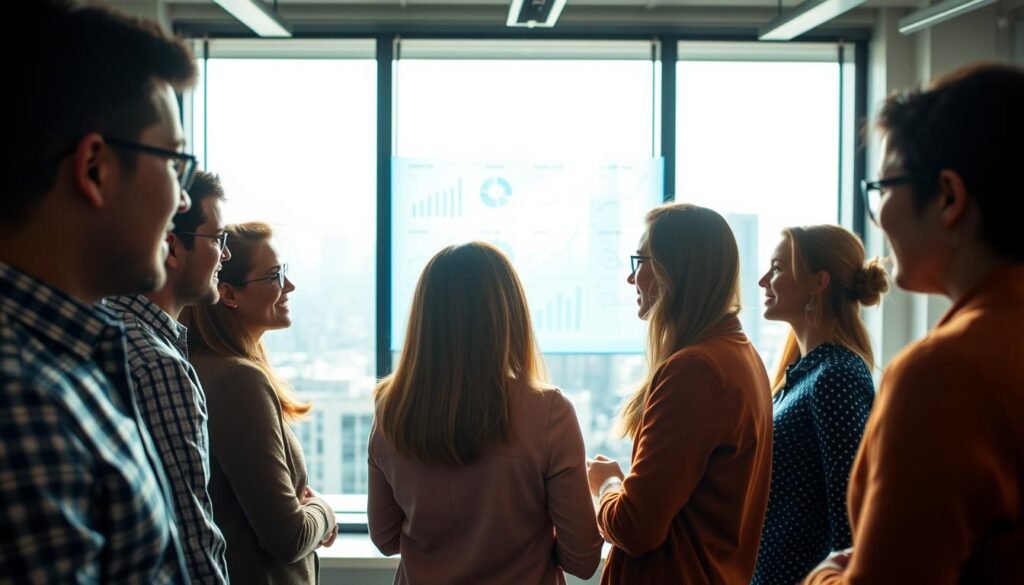 A brightly lit office space with a warm, inviting atmosphere. In the foreground, a diverse group of employees engaged in discussion, their body language and facial expressions conveying a sense of collaboration and open communication. The middle ground features a whiteboard or digital display showcasing organizational goals and metrics, reflecting a culture of transparency and performance tracking. In the background, a panoramic view of the city skyline, suggesting a well-connected, modern enterprise. The lighting is soft and natural, creating a sense of professionalism and productivity. The overall scene evokes a healthy, thriving organizational climate that fosters employee engagement and a shared sense of purpose.