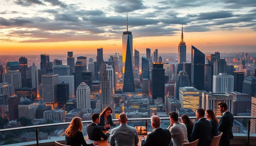 A bustling city skyline at dusk, with towering skyscrapers and a vibrant downtown district. In the foreground, a group of businesspeople gathered around a conference table, engaged in a lively discussion. The lighting is warm and inviting, casting a golden glow over the scene. The middle ground features a panoramic view of the city, showcasing the international reach and global connectivity of the local market. In the background, a seamless blend of local and international landmarks, signifying the blending of local expertise and global perspectives. The overall atmosphere conveys a sense of professional collaboration, strategic planning, and a forward-looking vision for the future. A bustling city skyline at dusk, with towering skyscrapers and a vibrant downtown district. In the foreground, a group of businesspeople gathered around a conference table, engaged in a lively discussion. The lighting is warm and inviting, casting a golden glow over the scene. The middle ground features a panoramic view of the city, showcasing the international reach and global connectivity of the local market. In the background, a seamless blend of local and international landmarks, signifying the blending of local expertise and global perspectives. The overall atmosphere conveys a sense of professional collaboration, strategic planning, and a forward-looking vision for the future.