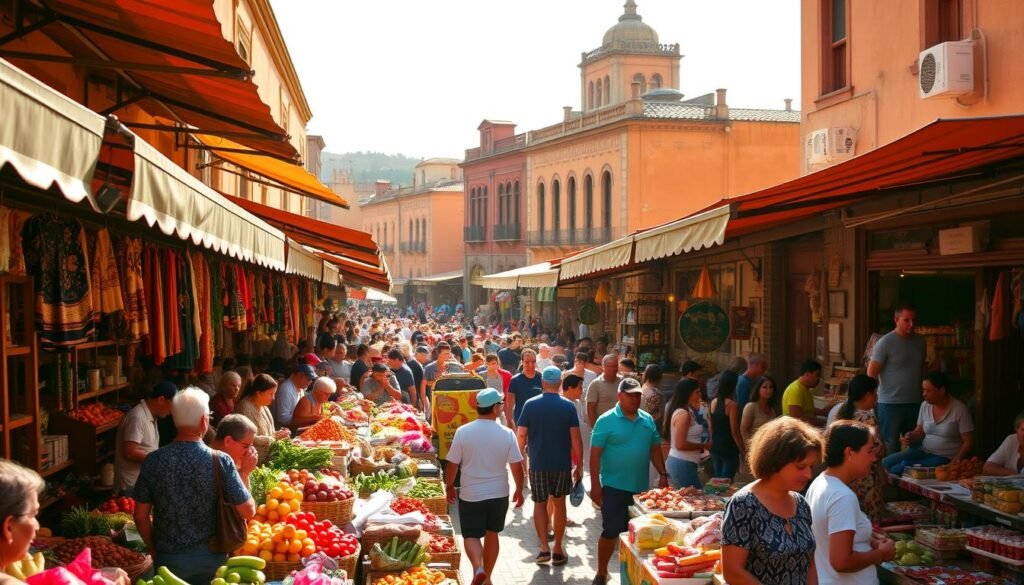 A bustling open-air mercado in a vibrant Latin American city, filled with the vibrant colors and lively energy of a thriving marketplace. In the foreground, vendors proudly display their wares - fresh produce, handcrafted textiles, and fragrant spices. The middle ground is a hive of activity, with shoppers haggling and local residents navigating the crowded aisles. In the background, the buildings have a colonial architectural style, their ochre-hued facades weathered by time. Warm, golden sunlight filters through the awnings, casting a nostalgic glow over the entire scene. The atmosphere is one of community, commerce, and cultural heritage. A bustling open-air mercado in a vibrant Latin American city, filled with the vibrant colors and lively energy of a thriving marketplace. In the foreground, vendors proudly display their wares - fresh produce, handcrafted textiles, and fragrant spices. The middle ground is a hive of activity, with shoppers haggling and local residents navigating the crowded aisles. In the background, the buildings have a colonial architectural style, their ochre-hued facades weathered by time. Warm, golden sunlight filters through the awnings, casting a nostalgic glow over the entire scene. The atmosphere is one of community, commerce, and cultural heritage.