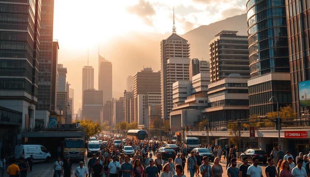 A bustling urban landscape in Bogotá, Colombia, with towering skyscrapers and modern architectural marvels set against a backdrop of the Andes mountains. In the foreground, a diverse array of people navigating the streets, representing the varied industries and work arrangements that shape the local economy. Warm, golden sunlight filters through the cityscape, creating a vibrant and dynamic atmosphere that captures the energy and progress of this thriving metropolis. Detailed textures, intricate facade patterns, and a sense of depth and scale convey the sophistication and development of this strategic business hub.