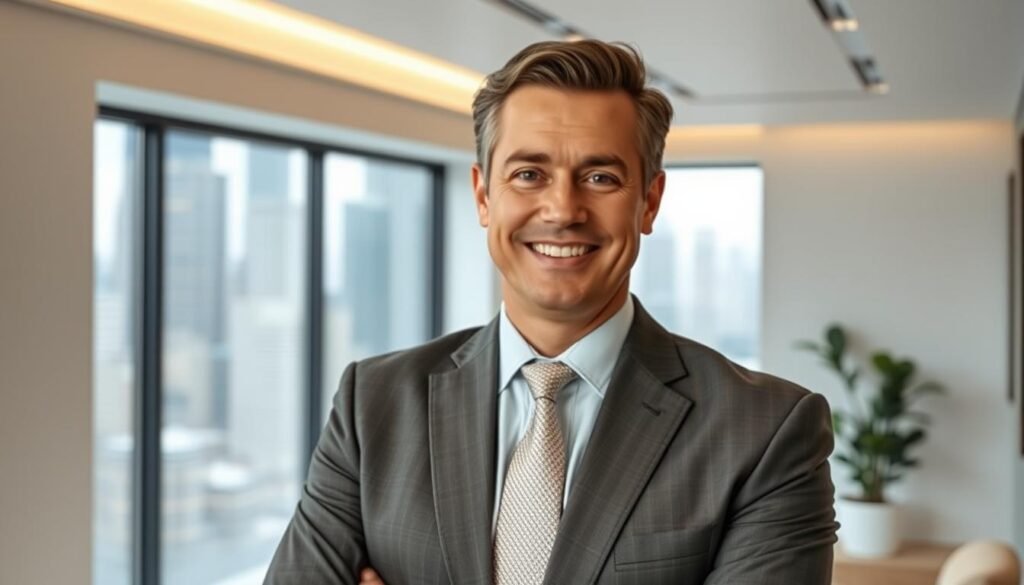 A confident, well-dressed executive standing in a modern, well-lit office, looking directly at the camera with a warm, approachable expression. The executive is wearing a crisp, tailored suit in a neutral color, with a subtle patterned tie. The background features clean, minimalist decor, with a large window overlooking a bustling city skyline. Soft, directional lighting from the side creates depth and highlights the executive's features, conveying a sense of professionalism and authority. The overall tone is polished, sophisticated, and inviting, capturing the essence of a headhunting service catering to executive-level clients. A confident, well-dressed executive standing in a modern, well-lit office, looking directly at the camera with a warm, approachable expression. The executive is wearing a crisp, tailored suit in a neutral color, with a subtle patterned tie. The background features clean, minimalist decor, with a large window overlooking a bustling city skyline. Soft, directional lighting from the side creates depth and highlights the executive's features, conveying a sense of professionalism and authority. The overall tone is polished, sophisticated, and inviting, capturing the essence of a headhunting service catering to executive-level clients.