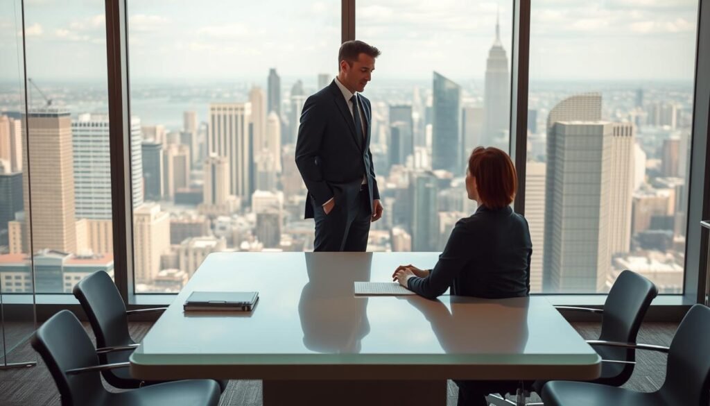 A corporate office setting with a subtle, professional atmosphere. In the foreground, an executive search consultant in a tailored suit stands at the center, engaging with a prospective candidate seated across a sleek, minimalist desk. The mid-ground features a backdrop of floor-to-ceiling windows, offering a view of a vibrant, bustling city skyline. Soft, directional lighting casts a warm glow, highlighting the executive's poise and the candidate's attentive expression. The overall scene conveys a sense of thoughtful consideration, high-level decision-making, and the importance of finding the right leadership fit. A corporate office setting with a subtle, professional atmosphere. In the foreground, an executive search consultant in a tailored suit stands at the center, engaging with a prospective candidate seated across a sleek, minimalist desk. The mid-ground features a backdrop of floor-to-ceiling windows, offering a view of a vibrant, bustling city skyline. Soft, directional lighting casts a warm glow, highlighting the executive's poise and the candidate's attentive expression. The overall scene conveys a sense of thoughtful consideration, high-level decision-making, and the importance of finding the right leadership fit.