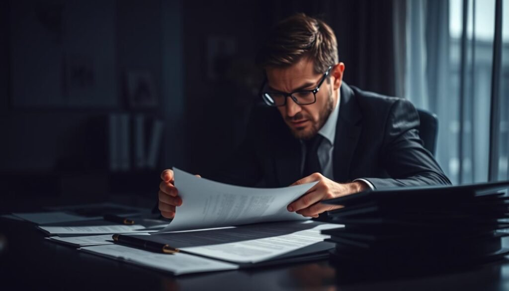 A dimly lit executive office, the desk adorned with contracts and legal documents. A focused business person reviews the terms, their expression conveying a sense of careful consideration. Soft lighting casts shadows, creating an atmosphere of confidentiality and professional discretion. The background is blurred, drawing the viewer's attention to the foreground details - the papers, the pensive gaze, the quiet contemplation of high-level decisions. Muted colors and a sense of seriousness pervade the scene, reflecting the gravity of the "plazos y confidencialidad" subject matter. A dimly lit executive office, the desk adorned with contracts and legal documents. A focused business person reviews the terms, their expression conveying a sense of careful consideration. Soft lighting casts shadows, creating an atmosphere of confidentiality and professional discretion. The background is blurred, drawing the viewer's attention to the foreground details - the papers, the pensive gaze, the quiet contemplation of high-level decisions. Muted colors and a sense of seriousness pervade the scene, reflecting the gravity of the "plazos y confidencialidad" subject matter.
