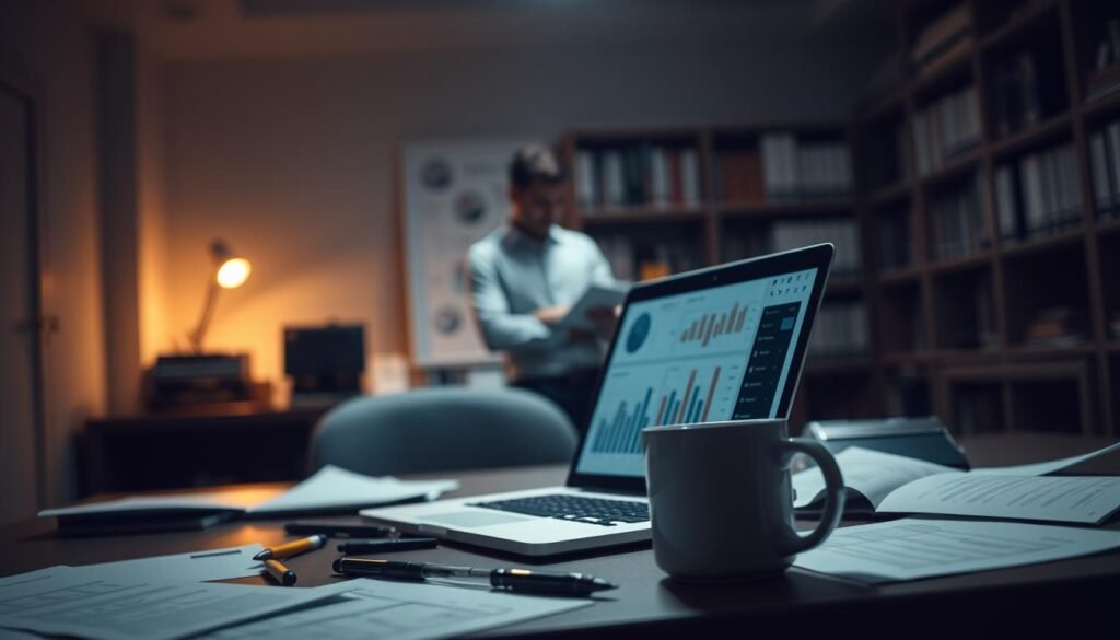 A dimly lit office with an analytical, data-driven atmosphere. In the foreground, a desk with a laptop displaying charts and graphs, symbolizing the evaluation process. Scattered papers, pens, and a coffee mug suggest an active workspace. In the middle ground, a human figure, likely an expert or decision-maker, intently studying the data. The background features shelves with books and files, conveying a sense of expertise and professional knowledge. Soft, warm lighting creates a contemplative mood, while the overall composition emphasizes the importance of data-driven decision-making.