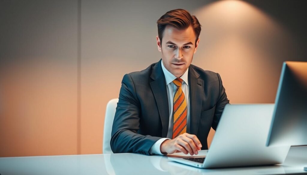 A distinguished-looking man in a tailored suit and tie, sitting at a sleek, modern desk. His expression is one of focused determination, as he reviews data on a high-resolution computer display. The lighting is soft and flattering, with a warm, professional ambiance. The background is a minimalist, contemporary office setting, with clean lines and muted colors that complement the subject. An aura of innovation and strategic thinking permeates the scene, reflecting the role of a Chief Technology Officer in driving growth and leading technological transformation.