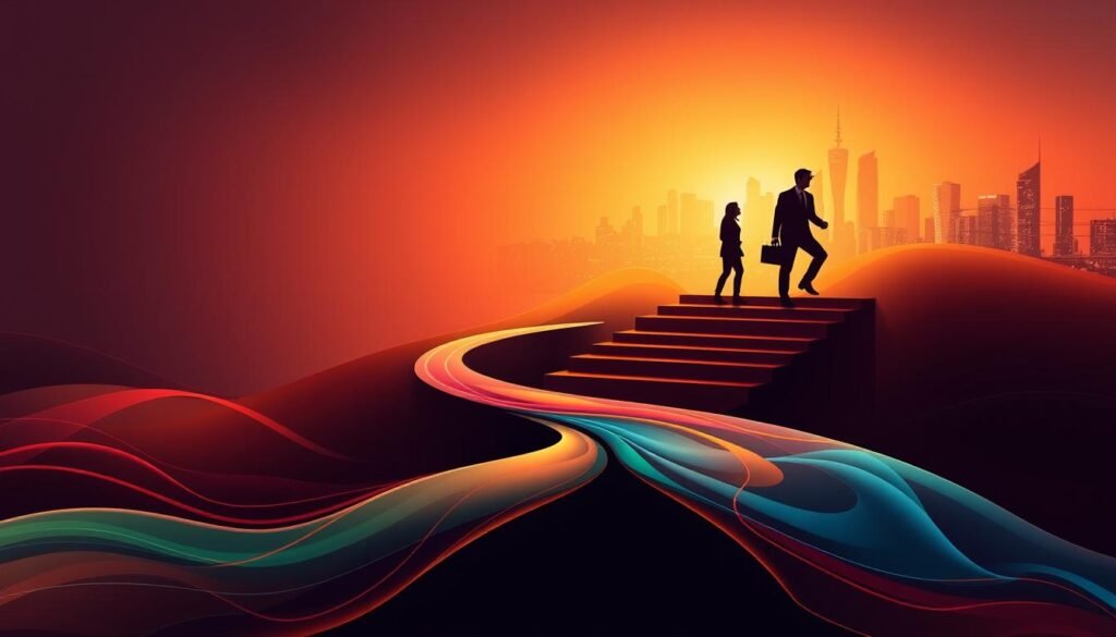 A dynamic, colorful trajectory unfolds against a sophisticated backdrop. In the foreground, a fluid path weaves through an abstract landscape, symbolizing the progression of a career. The middle ground features silhouettes of professionals ascending steps, representing the ascent to leadership roles. In the distance, a cityscape glimmers, hinting at the opportunities and achievements that await. The scene is illuminated by warm, directional lighting, creating a sense of depth and drama. The overall composition conveys a narrative of growth, ambition, and the realization of professional goals. A dynamic, colorful trajectory unfolds against a sophisticated backdrop. In the foreground, a fluid path weaves through an abstract landscape, symbolizing the progression of a career. The middle ground features silhouettes of professionals ascending steps, representing the ascent to leadership roles. In the distance, a cityscape glimmers, hinting at the opportunities and achievements that await. The scene is illuminated by warm, directional lighting, creating a sense of depth and drama. The overall composition conveys a narrative of growth, ambition, and the realization of professional goals.