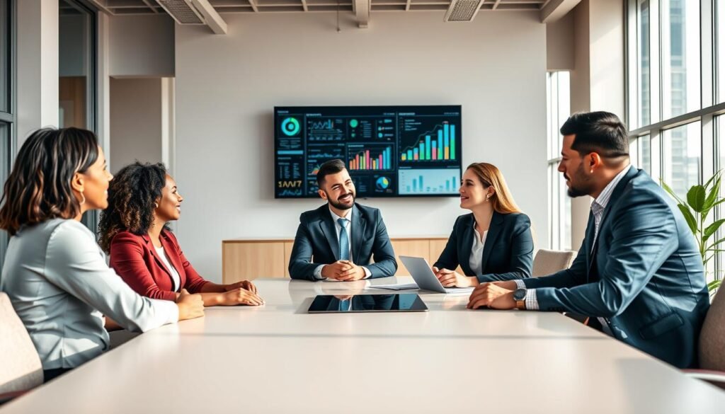 A group of diverse business executives collaborating in a modern, well-lit office setting. The foreground features four professionals seated around a sleek conference table, engaged in a dynamic discussion. Middle ground showcases a wall-mounted display presenting data visualizations and charts. The background depicts an open-plan workspace with floor-to-ceiling windows, allowing natural light to flood the space. Warm, muted tones create a professional yet inviting atmosphere, reflecting the high-level nature of the team's work. The scene conveys a sense of unity, strategic planning, and continued success. A group of diverse business executives collaborating in a modern, well-lit office setting. The foreground features four professionals seated around a sleek conference table, engaged in a dynamic discussion. Middle ground showcases a wall-mounted display presenting data visualizations and charts. The background depicts an open-plan workspace with floor-to-ceiling windows, allowing natural light to flood the space. Warm, muted tones create a professional yet inviting atmosphere, reflecting the high-level nature of the team's work. The scene conveys a sense of unity, strategic planning, and continued success.