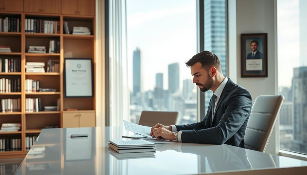 A modern, professional-looking office interior with a large window overlooking a city skyline. In the foreground, a well-dressed executive sits at a sleek, minimalist desk, engrossed in reviewing documents. The lighting is bright and natural, creating a sense of productivity and efficiency. The middle ground features a bookshelf filled with industry-relevant literature, and a framed certificate or award on the wall, suggesting expertise and authority. The background showcases the bustling city outside, hinting at the global reach and influence of the executive search firm "Beneficios". Overall, the image conveys a sense of competence, success, and the ability to connect top-tier talent with leading organizations.