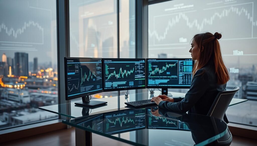 A modern, sleek office interior with large windows overlooking a cityscape. In the foreground, a professional-looking woman in business attire sits at a glass desk, intently analyzing financial data displayed on multiple high-resolution monitors. The lighting is soft and warm, creating a productive, analytical atmosphere. In the background, abstract financial charts and graphs are projected onto the walls, creating a data-driven ambiance. The composition emphasizes the balance between technology, data analysis, and human expertise, reflecting the section's focus on "Herramientas y data: analítica propietaria para decisiones con precisión". A modern, sleek office interior with large windows overlooking a cityscape. In the foreground, a professional-looking woman in business attire sits at a glass desk, intently analyzing financial data displayed on multiple high-resolution monitors. The lighting is soft and warm, creating a productive, analytical atmosphere. In the background, abstract financial charts and graphs are projected onto the walls, creating a data-driven ambiance. The composition emphasizes the balance between technology, data analysis, and human expertise, reflecting the section's focus on "Herramientas y data: analítica propietaria para decisiones con precisión".