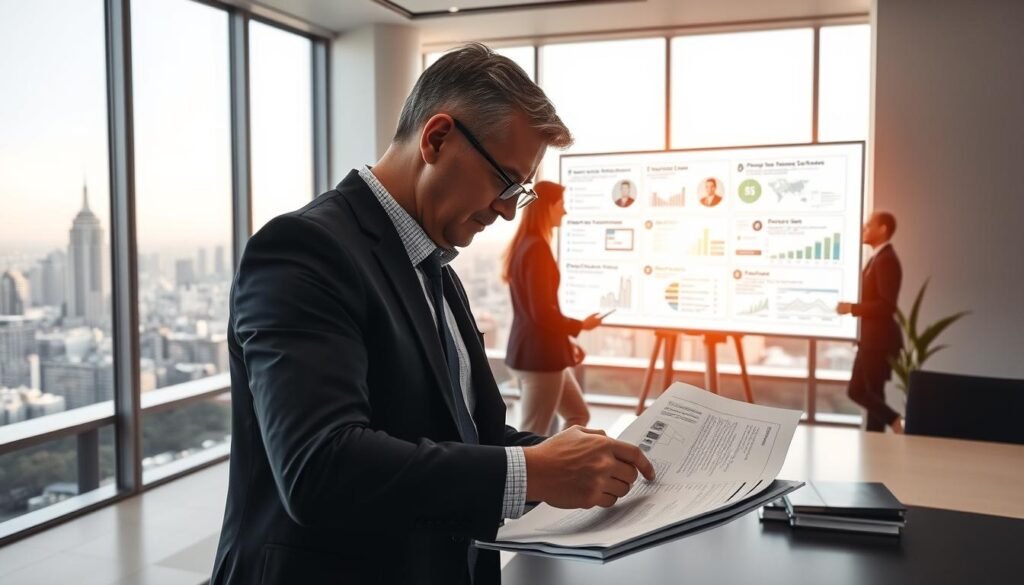 A professional executive search process unfolding in a sleek, minimalist office. In the foreground, a hands-on consultant poring over a detailed report, brow furrowed in concentration. The middle ground features a large, interactive whiteboard displaying a carefully curated set of candidate profiles and performance metrics, inviting collaboration. In the background, a panoramic window overlooking a bustling city skyline casts a warm, natural glow, conveying a sense of productivity and forward momentum. The overall scene exudes an air of measured, yet decisive, progress - the hallmark of an effective executive search methodology. A professional executive search process unfolding in a sleek, minimalist office. In the foreground, a hands-on consultant poring over a detailed report, brow furrowed in concentration. The middle ground features a large, interactive whiteboard displaying a carefully curated set of candidate profiles and performance metrics, inviting collaboration. In the background, a panoramic window overlooking a bustling city skyline casts a warm, natural glow, conveying a sense of productivity and forward momentum. The overall scene exudes an air of measured, yet decisive, progress - the hallmark of an effective executive search methodology.