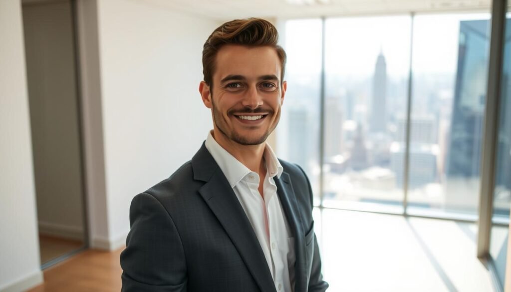A professional-looking male sales representative standing confidently in a well-lit office setting. He wears a crisp white shirt, dark suit, and polished dress shoes, exuding a sense of authority and expertise. His expression is friendly yet determined, with a subtle smile that conveys approachability. The background features a clean, minimalist design with a large window overlooking a bustling city skyline, suggesting a successful, high-end work environment. The lighting is soft and natural, creating a warm, inviting atmosphere that complements the subject's demeanor. The overall impression is one of a competent, personable sales professional who embodies the ideal characteristics of a successful salesperson.