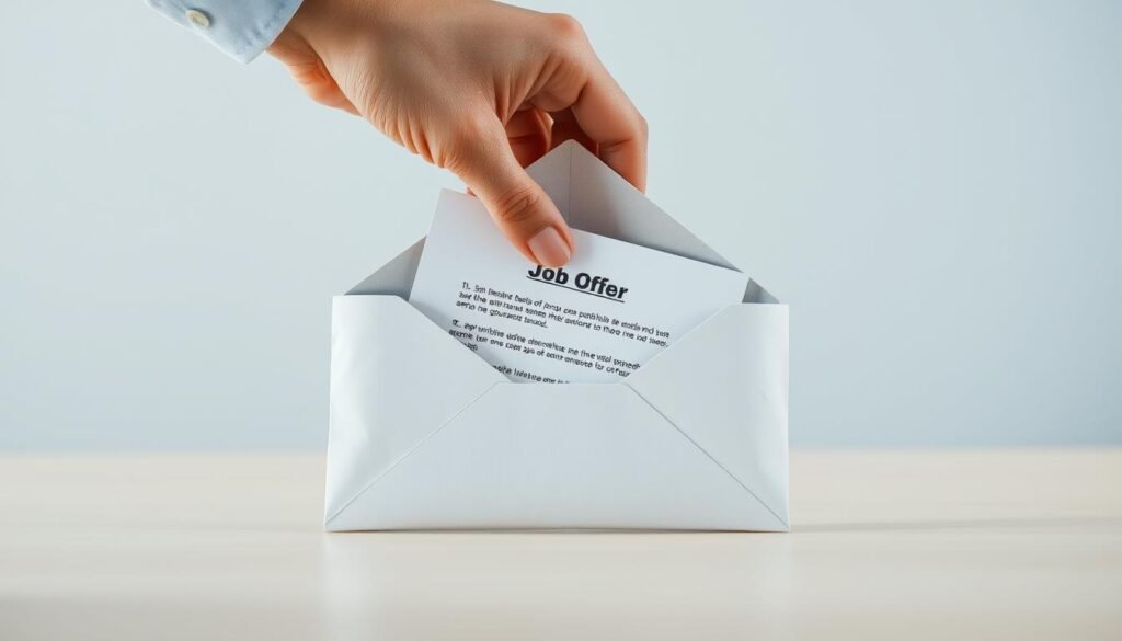 A professional, well-lit, high-resolution image of a hidden job offer being revealed. The foreground shows a hand carefully lifting the corner of a sealed envelope, exposing a piece of paper with a job description inside. The middle ground features a plain, neutral-colored desk or surface, creating a clean, minimalist backdrop. The background is softly blurred, suggesting an office or corporate environment. The lighting is soft and natural, creating a sense of professionalism and attention to detail. The overall mood is one of discovery, opportunity, and the careful protection of a company's employer brand during a public recruitment process.