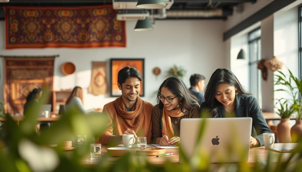 A serene and harmonious workplace, with a warm and inviting atmosphere. In the foreground, a diverse group of employees engage in collaborative tasks, their body language reflecting a sense of unity and shared purpose. The middle ground showcases vibrant cultural elements, such as intricate textile patterns, handcrafted artifacts, and subtle nods to the brand's heritage. The background features a modern, well-designed office space, bathed in soft, natural lighting that enhances the overall sense of balance and cohesion. The image conveys a strong employer brand, where cultural diversity and a harmonious work environment are valued and celebrated. A serene and harmonious workplace, with a warm and inviting atmosphere. In the foreground, a diverse group of employees engage in collaborative tasks, their body language reflecting a sense of unity and shared purpose. The middle ground showcases vibrant cultural elements, such as intricate textile patterns, handcrafted artifacts, and subtle nods to the brand's heritage. The background features a modern, well-designed office space, bathed in soft, natural lighting that enhances the overall sense of balance and cohesion. The image conveys a strong employer brand, where cultural diversity and a harmonious work environment are valued and celebrated.