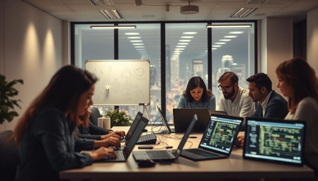 A serene office setting, filled with the hum of keyboards and the quiet focus of professionals engaged in a technical evaluation process. In the foreground, a group of individuals gather around a table, intently examining schematics and code on their laptops, their faces illuminated by the soft glow of the screens. The middle ground features a whiteboard adorned with diagrams and notes, capturing the collaborative nature of the evaluation. In the background, a large window offers a glimpse of a bustling cityscape, blurred and out of focus, signifying the importance of the task at hand. Soft, diffused lighting casts a warm, professional atmosphere, while clean, minimalist decor emphasizes the gravity of the technical assessment.
