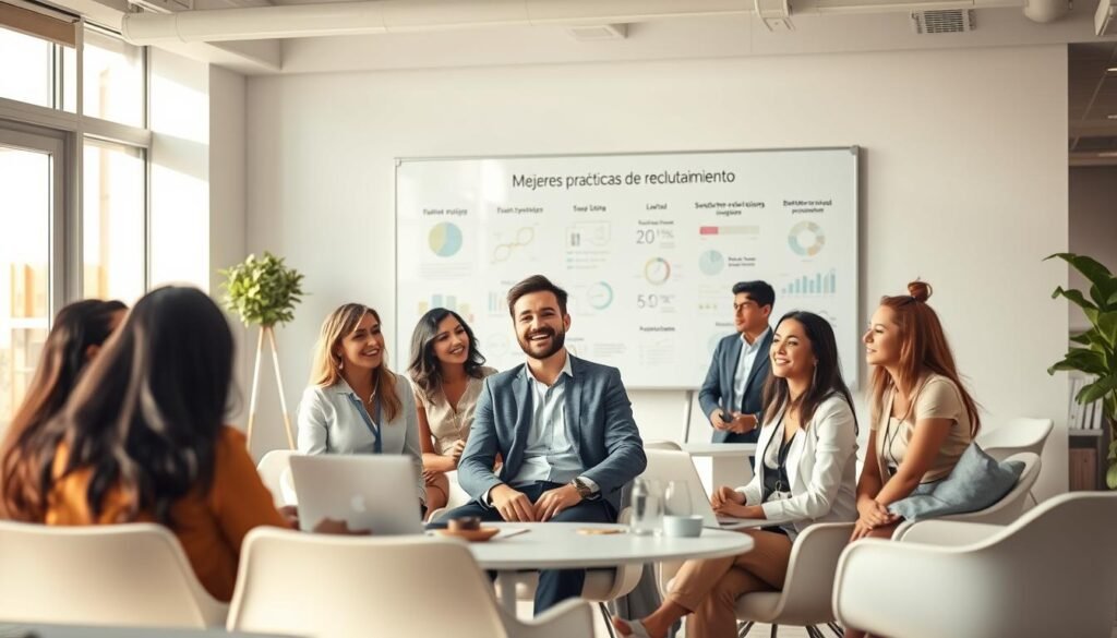A sleek and modern office setting, filled with light and minimalist furniture. In the foreground, a group of diverse professionals engaged in a collaborative discussion, their expressions focused and engaged. In the background, a large whiteboard displays a visual representation of the "Mejores prácticas de reclutamiento" concept, with data visualizations and infographic elements. The lighting is warm and natural, creating a productive and welcoming atmosphere. The overall scene conveys a sense of professionalism, efficiency, and a commitment to best practices in talent recruitment.