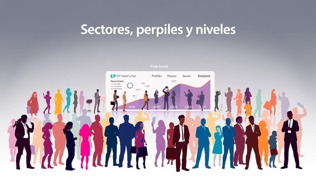 A vibrant illustration of "Sectores, perfiles y niveles" showcasing a diverse array of professional fields, skills, and career stages. In the foreground, a dynamic mix of human silhouettes in various poses, representing the varied profiles and sectors served. The middle ground features an infographic-style visualization of the different levels, from entry-level to executive, conveyed through a sleek, abstract design. The background fades into a soft, muted gradient, creating a sense of depth and focus on the central elements. The overall composition is balanced, with a harmonious color palette and a clean, modern aesthetic that reflects the professionalism and expertise of the "EP HeadHunter" service. A vibrant illustration of "Sectores, perfiles y niveles" showcasing a diverse array of professional fields, skills, and career stages. In the foreground, a dynamic mix of human silhouettes in various poses, representing the varied profiles and sectors served. The middle ground features an infographic-style visualization of the different levels, from entry-level to executive, conveyed through a sleek, abstract design. The background fades into a soft, muted gradient, creating a sense of depth and focus on the central elements. The overall composition is balanced, with a harmonious color palette and a clean, modern aesthetic that reflects the professionalism and expertise of the "EP HeadHunter" service.