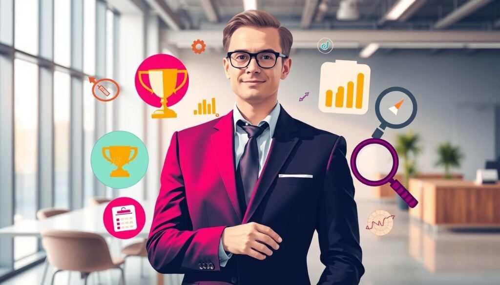 A vibrant illustration of the benefits of executive headhunting for organizations. A well-dressed, confident professional stands in the foreground, surrounded by icons and symbols representing the advantages - a handshake, a trophy, a graph chart, and a magnifying glass. The background depicts a modern, sleek office environment, with large windows allowing natural light to filter in. The overall mood is one of success, efficiency, and a forward-looking perspective, conveying the value that an executive headhunter can bring to a company's talent acquisition and development. A vibrant illustration of the benefits of executive headhunting for organizations. A well-dressed, confident professional stands in the foreground, surrounded by icons and symbols representing the advantages - a handshake, a trophy, a graph chart, and a magnifying glass. The background depicts a modern, sleek office environment, with large windows allowing natural light to filter in. The overall mood is one of success, efficiency, and a forward-looking perspective, conveying the value that an executive headhunter can bring to a company's talent acquisition and development.