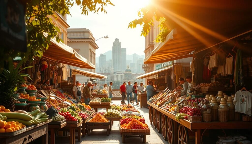 A well-lit, visually striking image of a "puesto" or open-air market stall in a bustling Latin American city. The foreground features an array of colorful, fresh produce and artisanal wares neatly displayed on wooden carts and tables, captured with a shallow depth of field to draw the eye. The middle ground shows the animated scene of vendors interacting with customers, the energy and activity of a thriving marketplace. In the background, glimpses of the city skyline, with architectural details and lush foliage framing the composition. Warm, golden sunlight filters through, creating a vibrant, almost cinematic atmosphere that evokes the spirit of a dynamic, urban commercial hub. A well-lit, visually striking image of a "puesto" or open-air market stall in a bustling Latin American city. The foreground features an array of colorful, fresh produce and artisanal wares neatly displayed on wooden carts and tables, captured with a shallow depth of field to draw the eye. The middle ground shows the animated scene of vendors interacting with customers, the energy and activity of a thriving marketplace. In the background, glimpses of the city skyline, with architectural details and lush foliage framing the composition. Warm, golden sunlight filters through, creating a vibrant, almost cinematic atmosphere that evokes the spirit of a dynamic, urban commercial hub.
