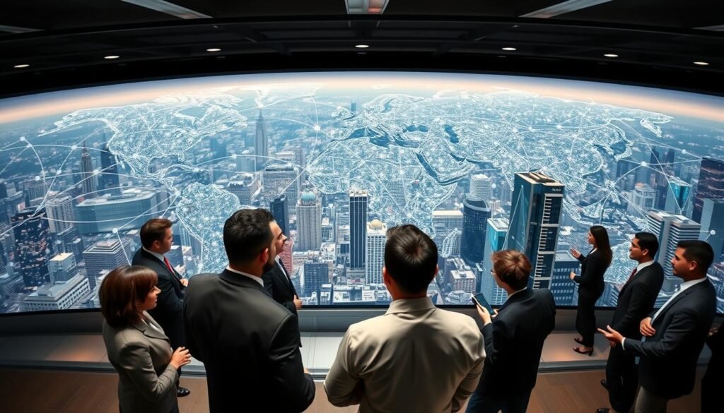 Detailed international business landscape with a global workforce and executive leadership. In the foreground, a diverse group of business professionals in formal attire engaged in discussion, representing the multinational nature of the company. The middle ground showcases a complex network of interconnected offices and operations spanning multiple continents, symbolizing the company's international reach. The background features a panoramic view of bustling city skylines and financial centers, conveying a sense of the dynamic global market. Ambient lighting casts a professional, authoritative tone, while a wide-angle lens captures the scale and scope of the company's international coverage. Overall, a compelling visual that captures the essence of the "Cobertura y red internacional para cargos ejecutivos en América y Europa" section. Detailed international business landscape with a global workforce and executive leadership. In the foreground, a diverse group of business professionals in formal attire engaged in discussion, representing the multinational nature of the company. The middle ground showcases a complex network of interconnected offices and operations spanning multiple continents, symbolizing the company's international reach. The background features a panoramic view of bustling city skylines and financial centers, conveying a sense of the dynamic global market. Ambient lighting casts a professional, authoritative tone, while a wide-angle lens captures the scale and scope of the company's international coverage. Overall, a compelling visual that captures the essence of the "Cobertura y red internacional para cargos ejecutivos en América y Europa" section.